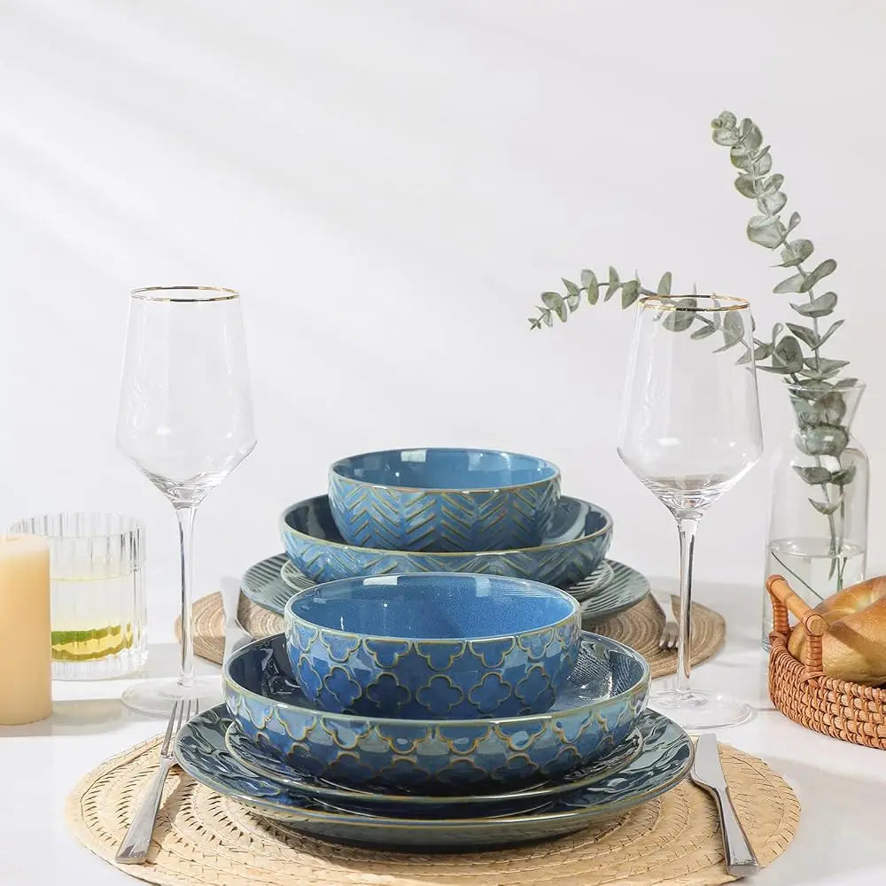 Sureasy Ceramic Dinnerware Set For 4-16 Pieces Emed Plates And Bowls Sets, Scratch Resistant Dish Set, Microwave, Oven &