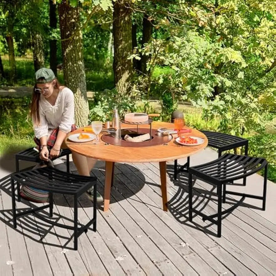 Outdoor Metal Curved Bench, Weatherproof Fire Pit Bench Set of 4, Heavy Duty Steel Backless Benches, Metal Outside Seating