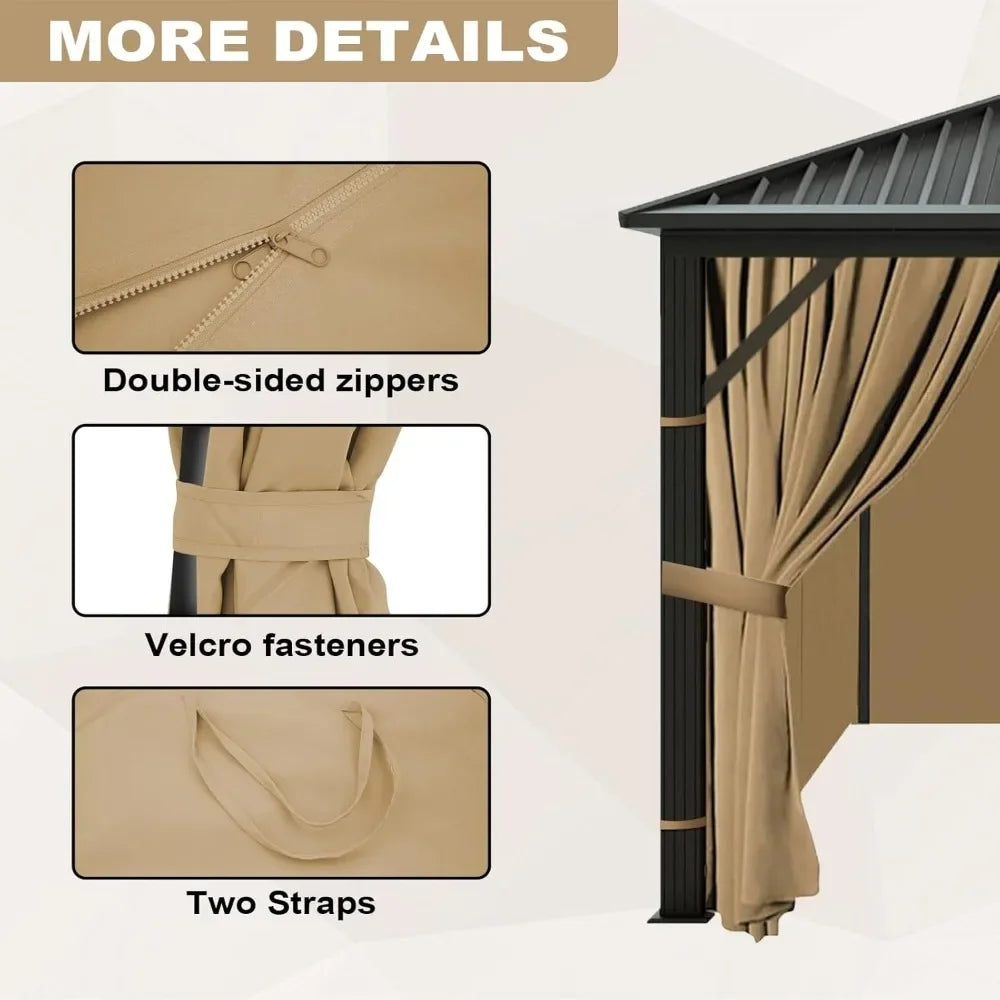 12'x12' Gazebo Curtains Outdoor Waterproof, Khaki Universal Replacement Curtain 4-Panels, Sidewalls with Zipper for Garden, Pati