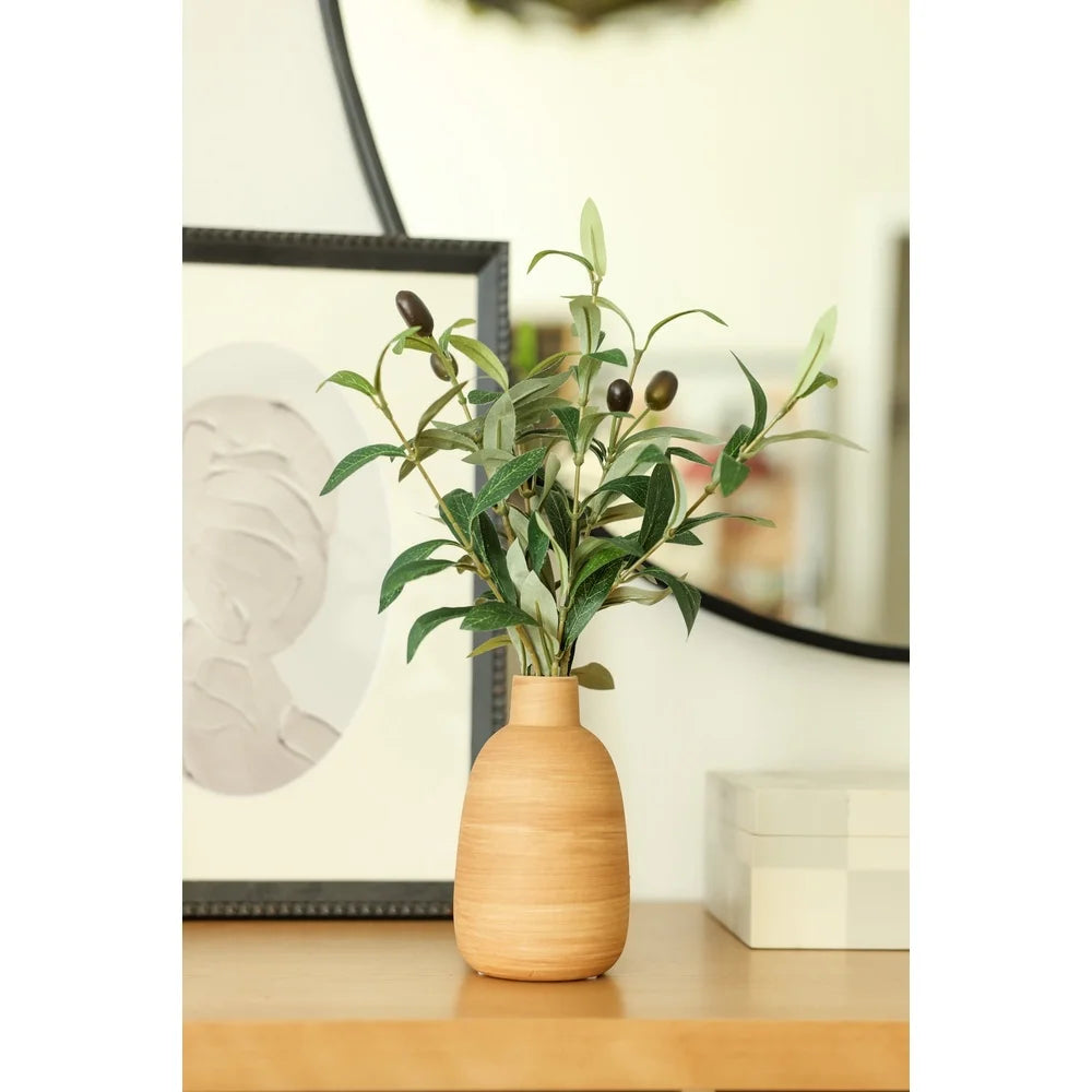 15 Inch Lifelike Olive Plant in Wood Finish Ceramic Vase Perfect Tabletop Decor Elegant Accent Piece Home Decoration