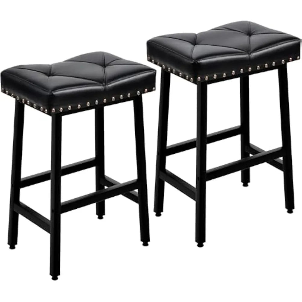 25 inch Counter Height Stools for Kitchen Island, 3.3'' Thick PU Upholstered Saddle Seats, Backless Bar Chairs with Metal Base