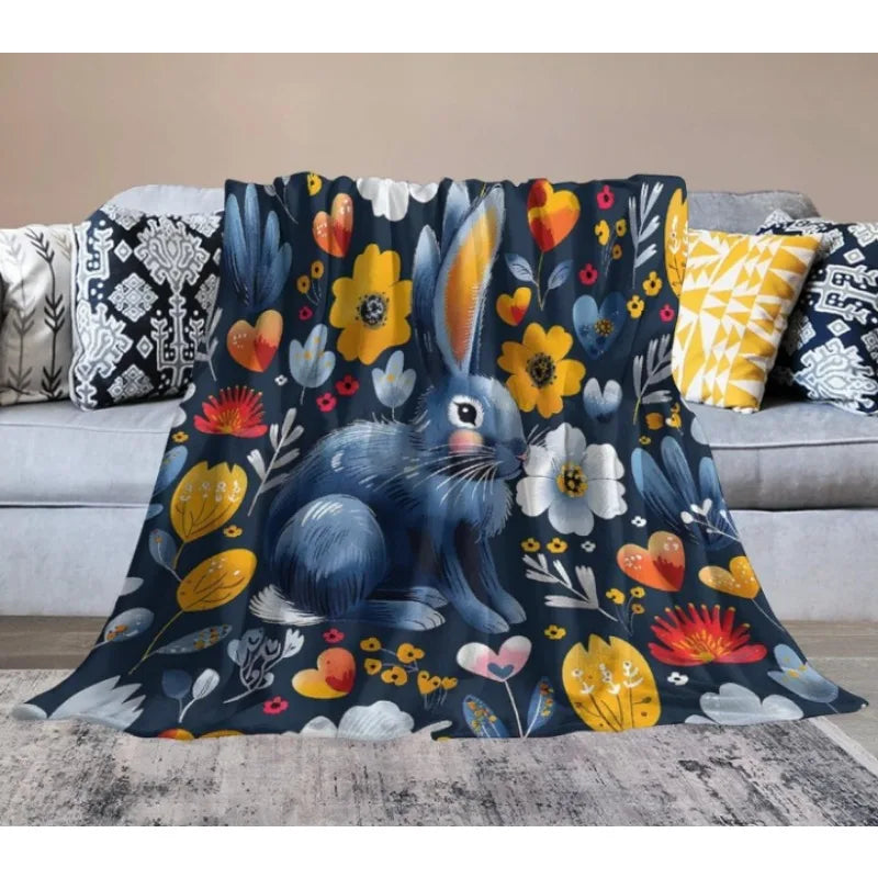 Easter Bunny and Wildflowers Spring Flannel Blanket, Rabbit Floral Colorful Soft Warm Flannel Blanket for Sofa Bed Sofa