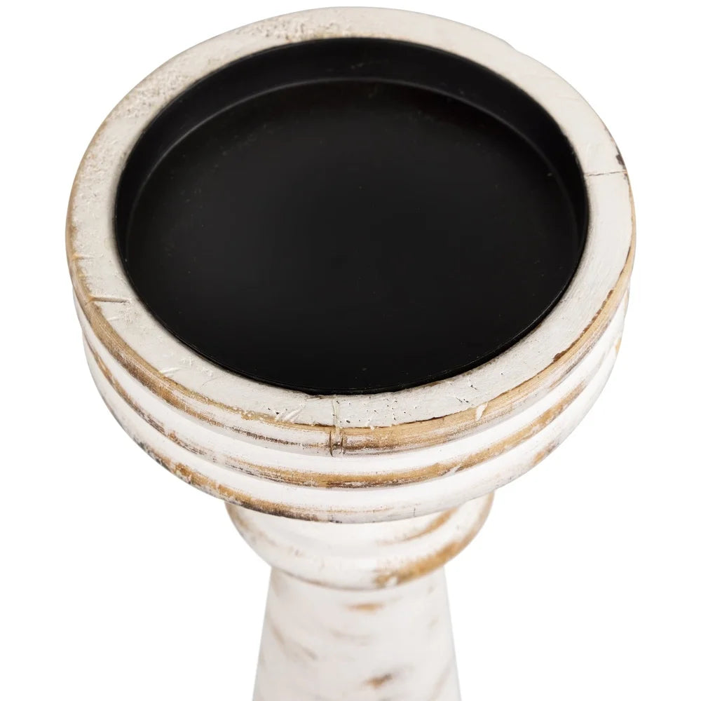 Antique White Wooden Spindle Candle Holder Pillar Candles Indoor Use Deep Black Saucer Decorative Accent