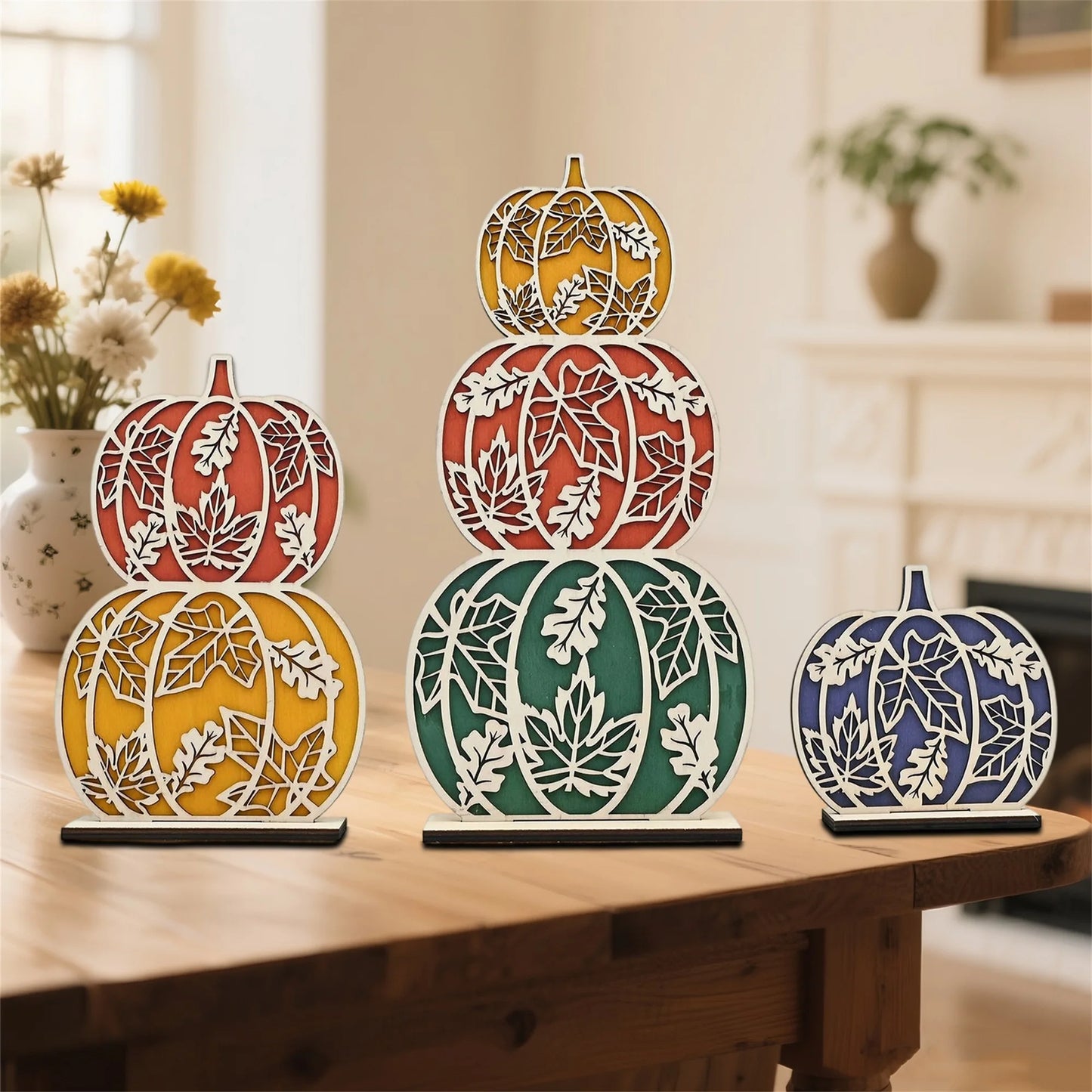 Thanksgiving Harvest Decor 3 Piece Set Rustic Wooden Pumpkin Table Centerpiece Fall Home Holiday Decoration