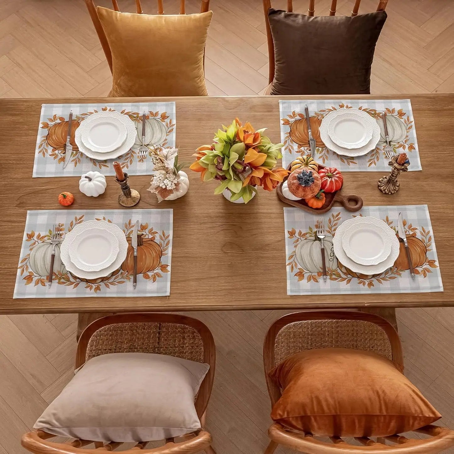 Fall Placemats Set of 4-12 X 18 Inch - Thanksgiving Autumn Harvest Pumpkin Buffalo Plaid Place Mats, Stain Resistant Wipeable Ta