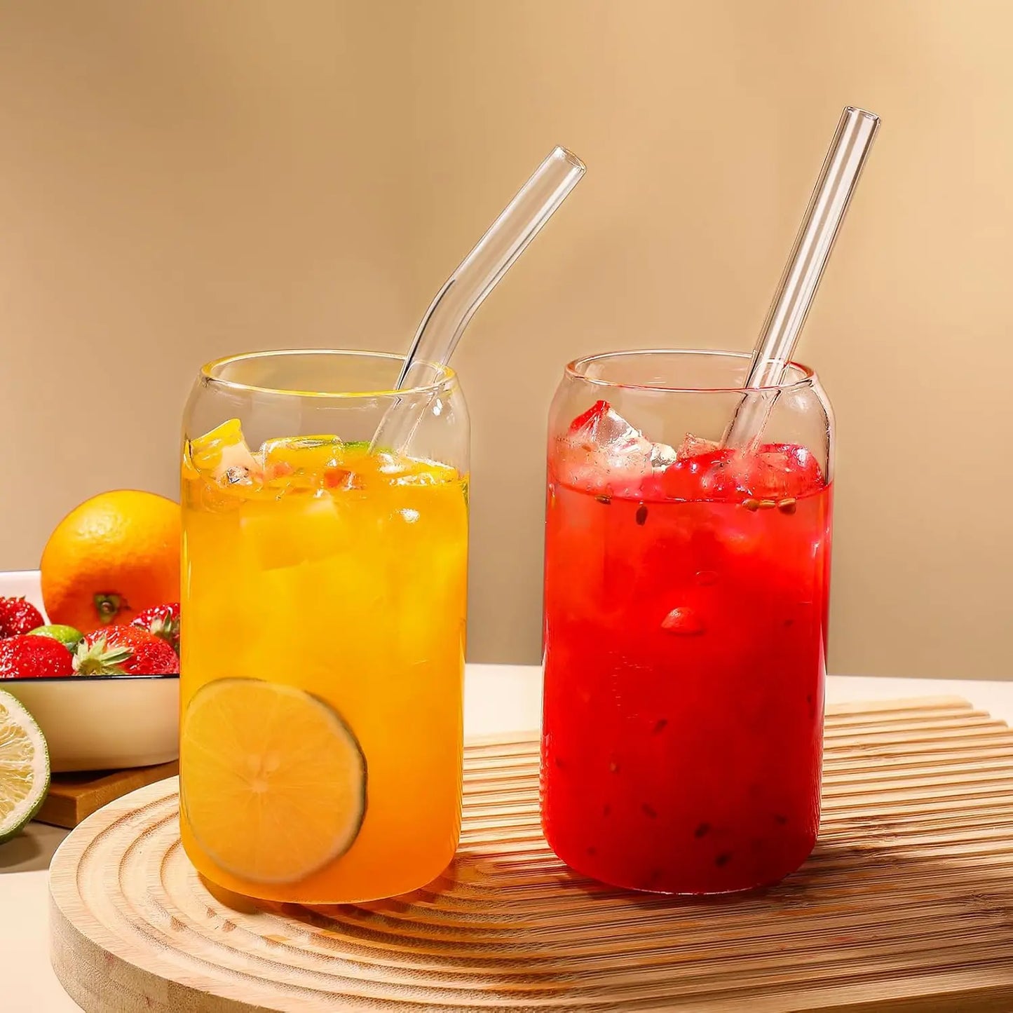 4Pcs 18.6Oz/550Ml Drinking Glasses with Bamboo Lids and Glass Straws, Glass Cups, Iced Coffee Glasses, Cute Iced Tea Glasses, Beer Glasses