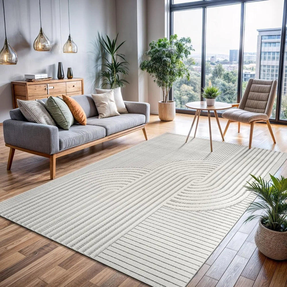 Modern Rug Luxury Swirl Curved Large Micro Loop Area Rugs Soft High-Low Pile Stain Resistant Easy to Clean Non-Shedding D