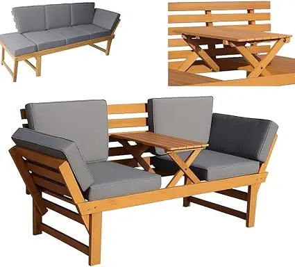 Outdoor Acacia Wood Patio 3 Seat Lounge with Fold Down Center Table - Weather Resistant Ourdoor Furniture with Wooden Frame Stru