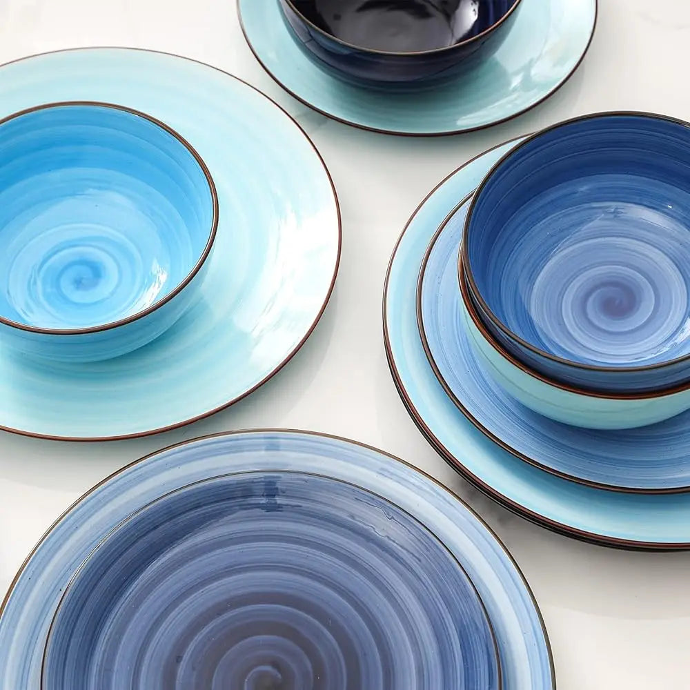Ceramic Dinnerware Sets, 12 Pieces Plates And Bowls Sets, Scratch Resistant Dishes Set For 4, Handpainted Swirl Dishware Sets
