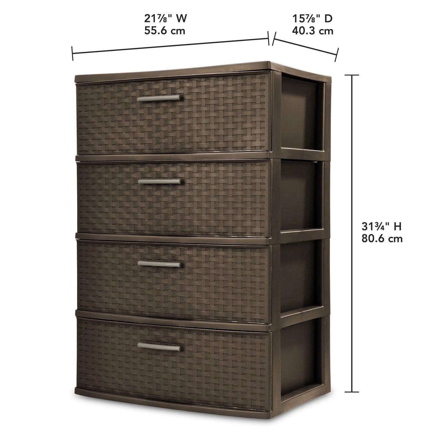 4-Drawer Wide Weave Tower, Brown Plastic Storage Organizer with Pull Handles, For Bedroom, Closet, Office, Home Décor
