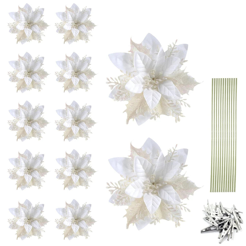 12/24/36Pcs Christmas Glitter Artificial Flowers Decorative Xmas Tree Poinsettia Flower Hanging Ornament for Stairs Window Decor