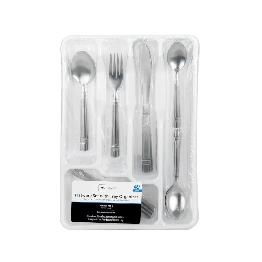 Elegant 49 Piece Stainless Steel Flatware Set and Organizer Tray Service 8 Dishwasher Safe Utensils
