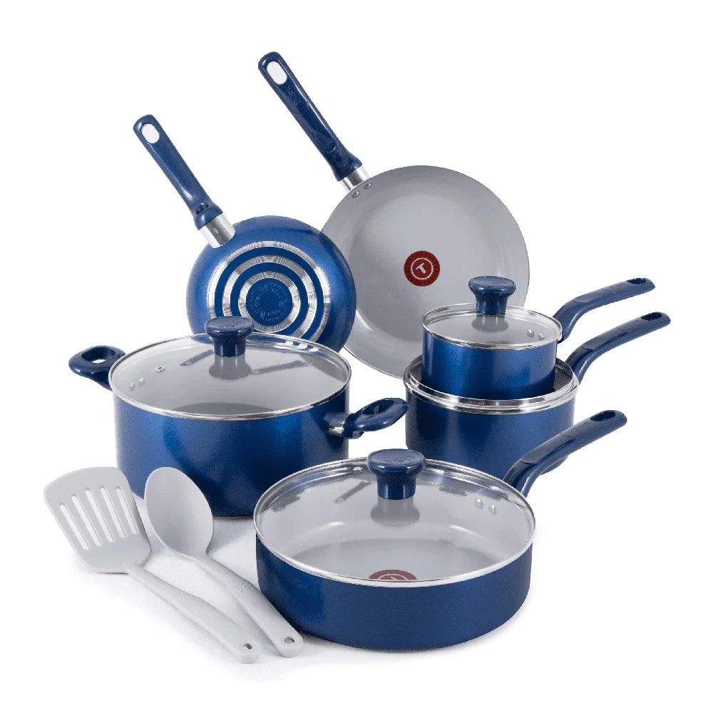 12 Piece Non Stick Ceramic Cookware Set with Thermo Spot Technology Comfortable Handles Easy to Clean Even Heat Base Kitchen