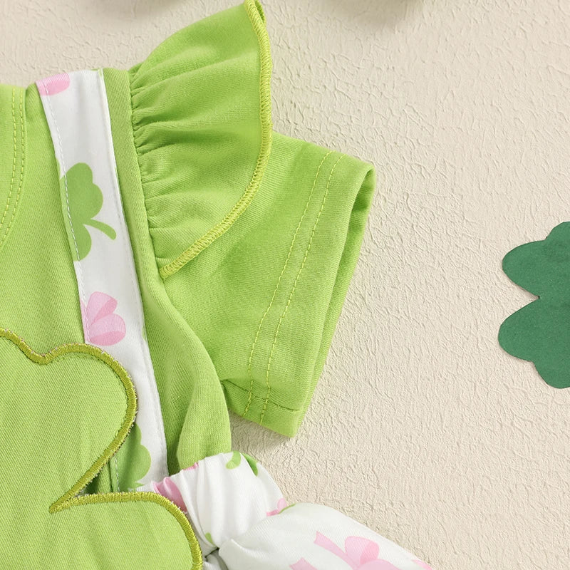 St Patrick s Day Baby Girl Outfit Shamrock Print Romper Dress with Bow Headband and Ruffled Skirt Hem Infant