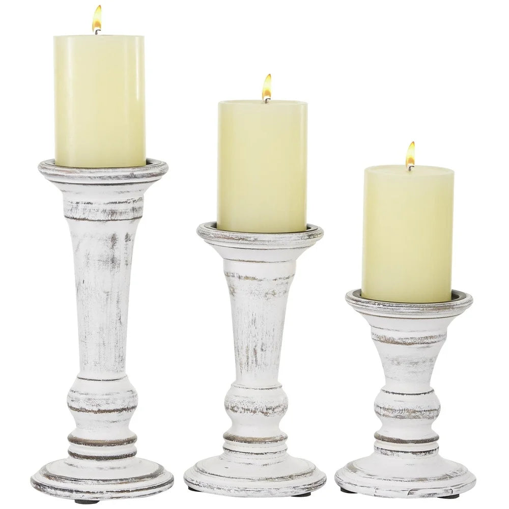 Set of 3 White Wood Candle Holders Tapered Design Rustic Decor Centerpiece Indoor Use Home Accents Solid Mango Wood