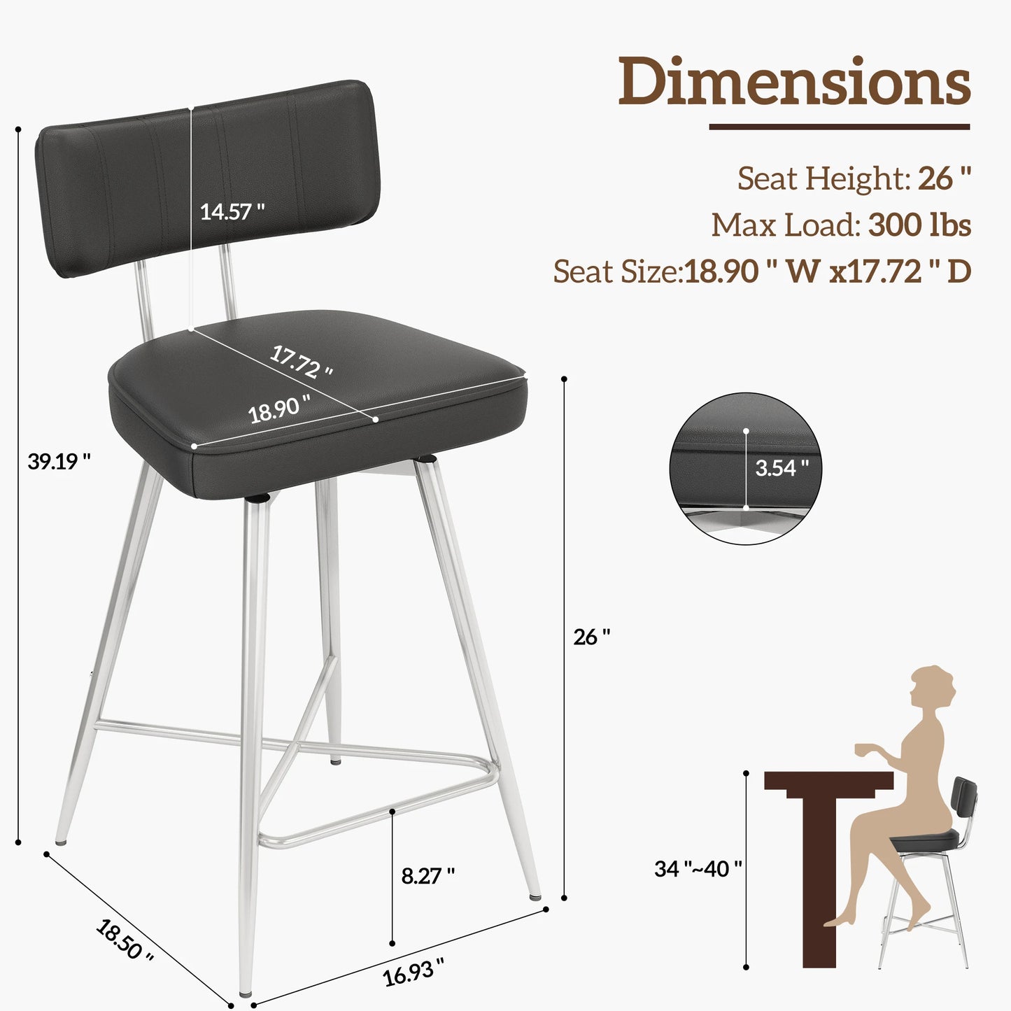 26" Swivel Barstools Set of 4, PU Leather Counter Height Bar Stools, Bar Chairs with Metal Footrest for Kitchen Island, Brown