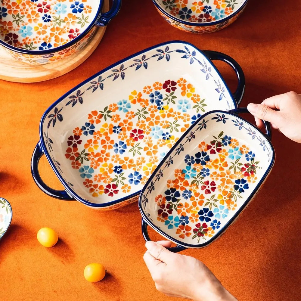 Vintage-Inspired Rectangular Ceramic Baking Dish Set, 2-Piece Handcrafted Porcelain Bakeware with Floral Pattern