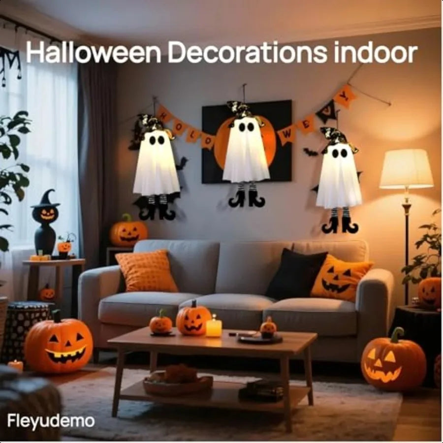 3 Pack Halloween Glowing Hanging GhostsHalloween Decorations Outdoor 19 inch Light Up Hanging Ghost with Witch Hat for Yard Pat