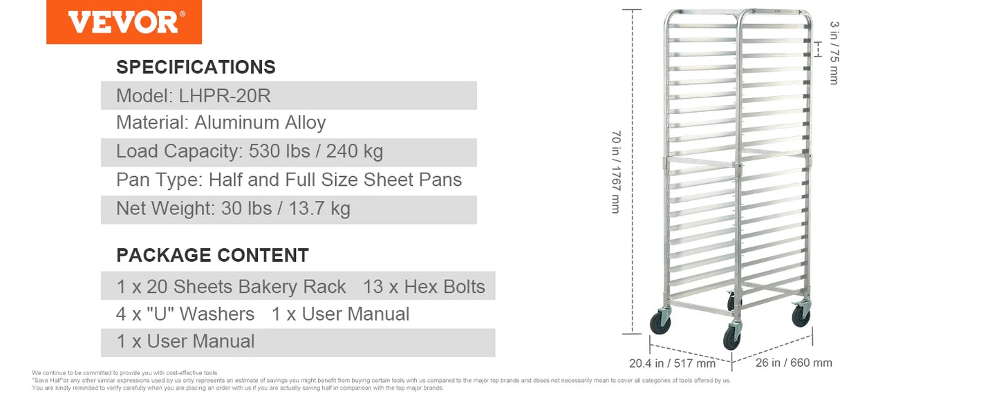 SucceBuy 10/20 Sheet Bun Pan Rack Commercial Bakery Racks with Brake Wheels Aluminum Racking Trolley Storage for Bread Baking