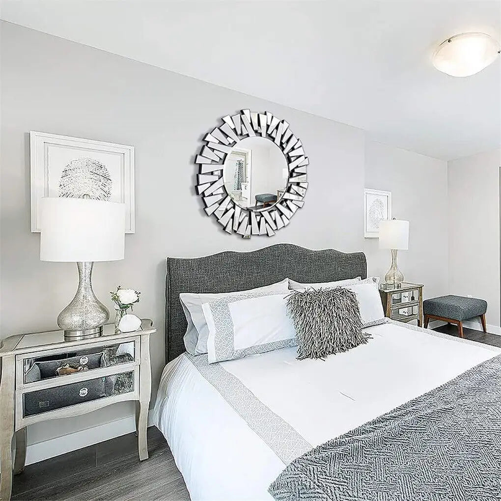 LUVODI Large Wall Decor Mirror Round for Living /Dining /Bed/Meeting/Bathroom Decorative with Silver Starburst Art Design