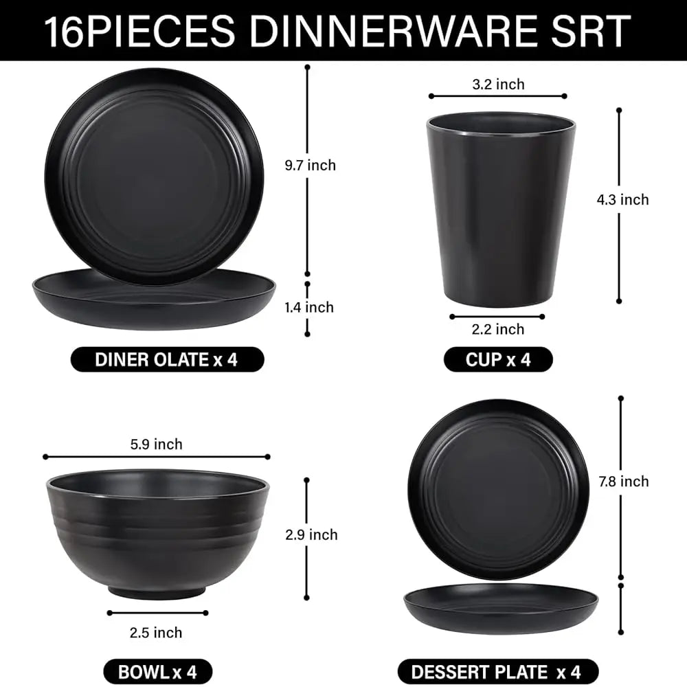 Liyh 16 Pcs Bla Wheat Straw Dinnerware Set - Unbreakable Plates And Bowls Set, Dish Set For 4, Bla Plastic Dinnerware Set Lude