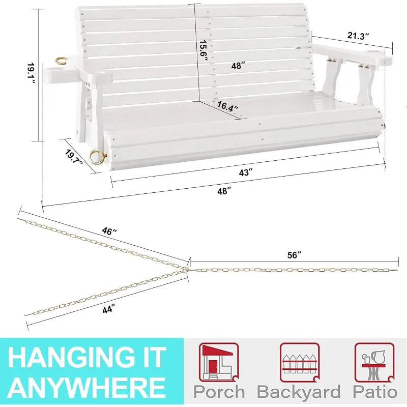 4FT Wooden Porch Swing w/Cupholders,Heavy Duty 800LBS Outdoor Swing Bench w/Chains,Patio Roll Back Swing Chair Bench,Front Porch
