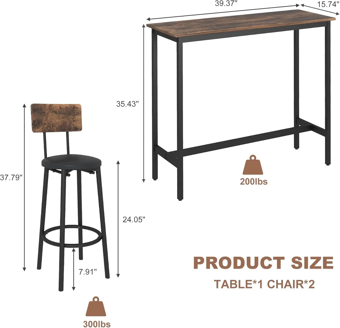 Bar Table and Chairs Set, Counter Height Dining Table & 2 PU Upholstered Stools with Backrest, Industrial 3 Piece Breakfast Bar
