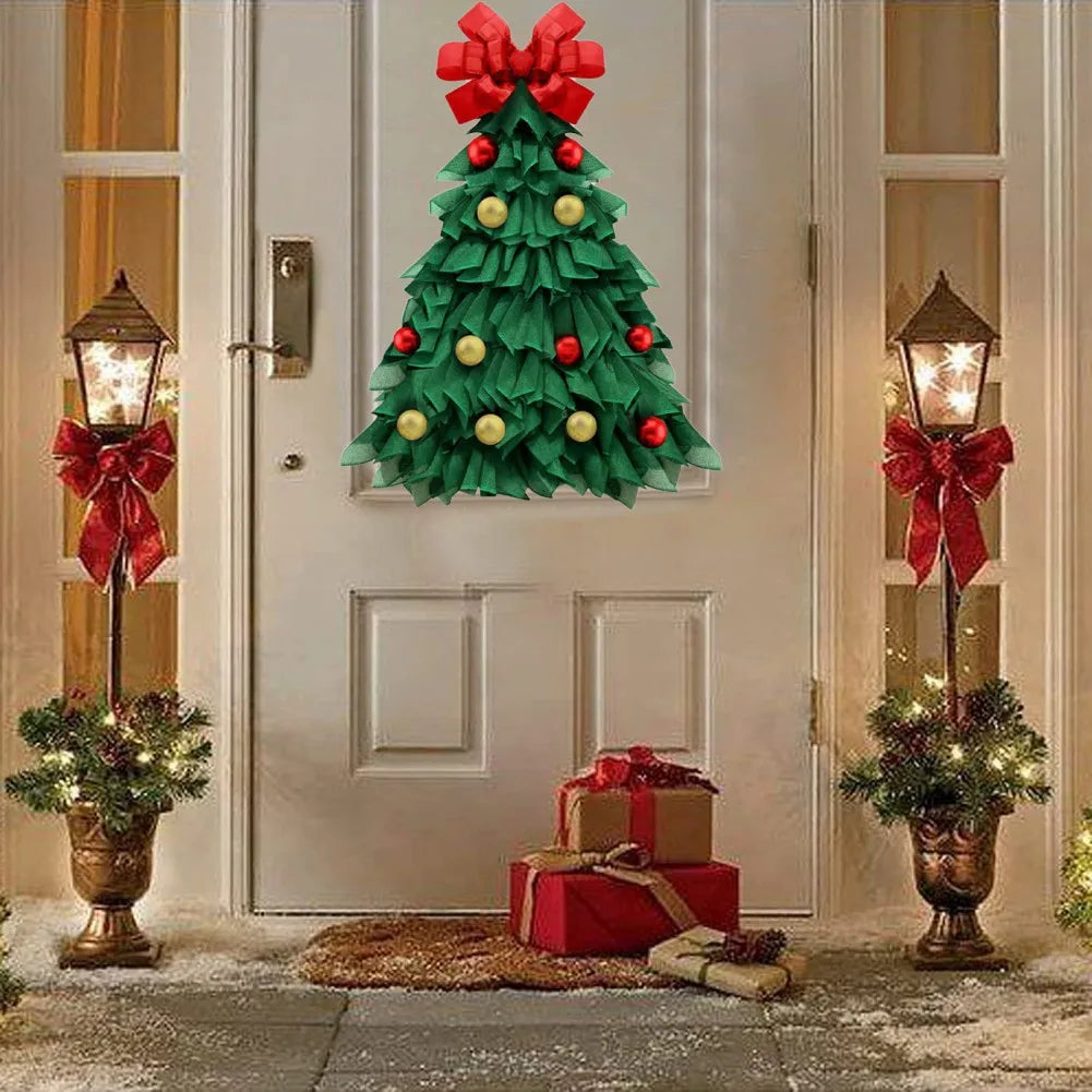 Green Hanging Christmas Wreath Front Door Window Large Xmas Tree Wreath Fabric Door Hanging Wreath New Year Party Decoration