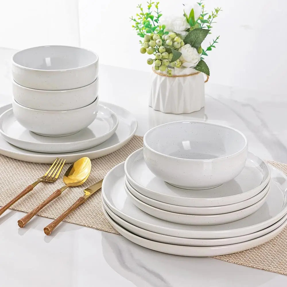 Ceramic Dinnerware Set For 4, 12Pcs Stoneware Plates And Bowls Sets, Handmade Chip And Scratch Resistant Dishes Set, Dishwasher