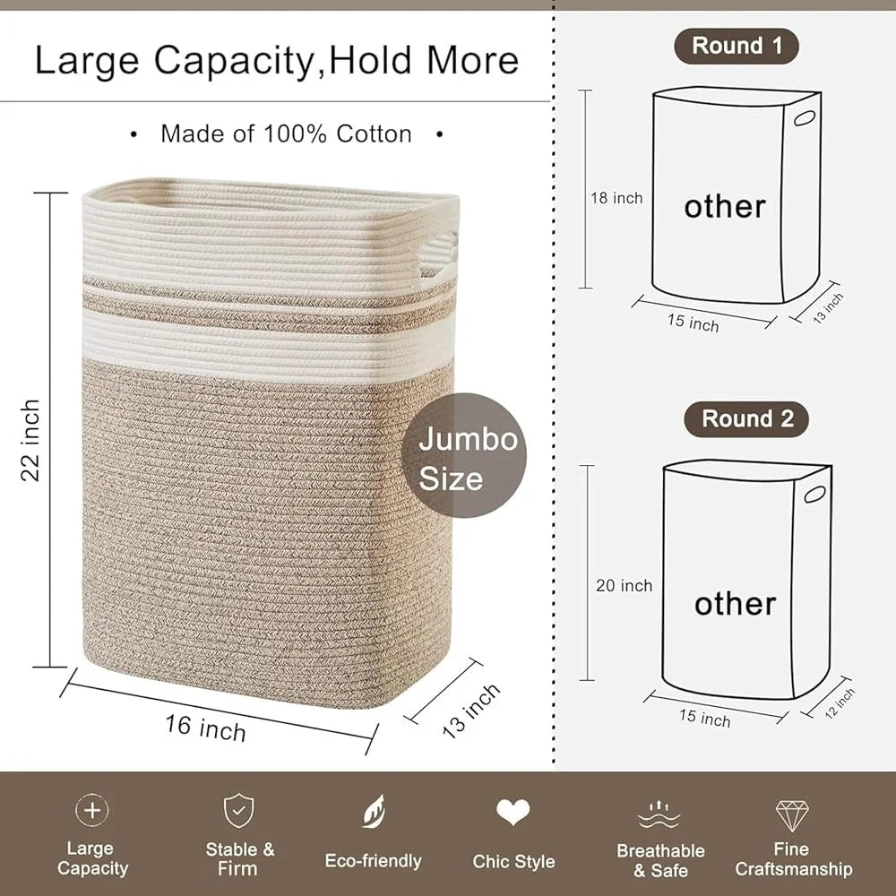Laundry Hamper Cotton Storage Basket Collapsible Large Basket with Handles Portable Decorative Blanket Toy Organizer Living Room