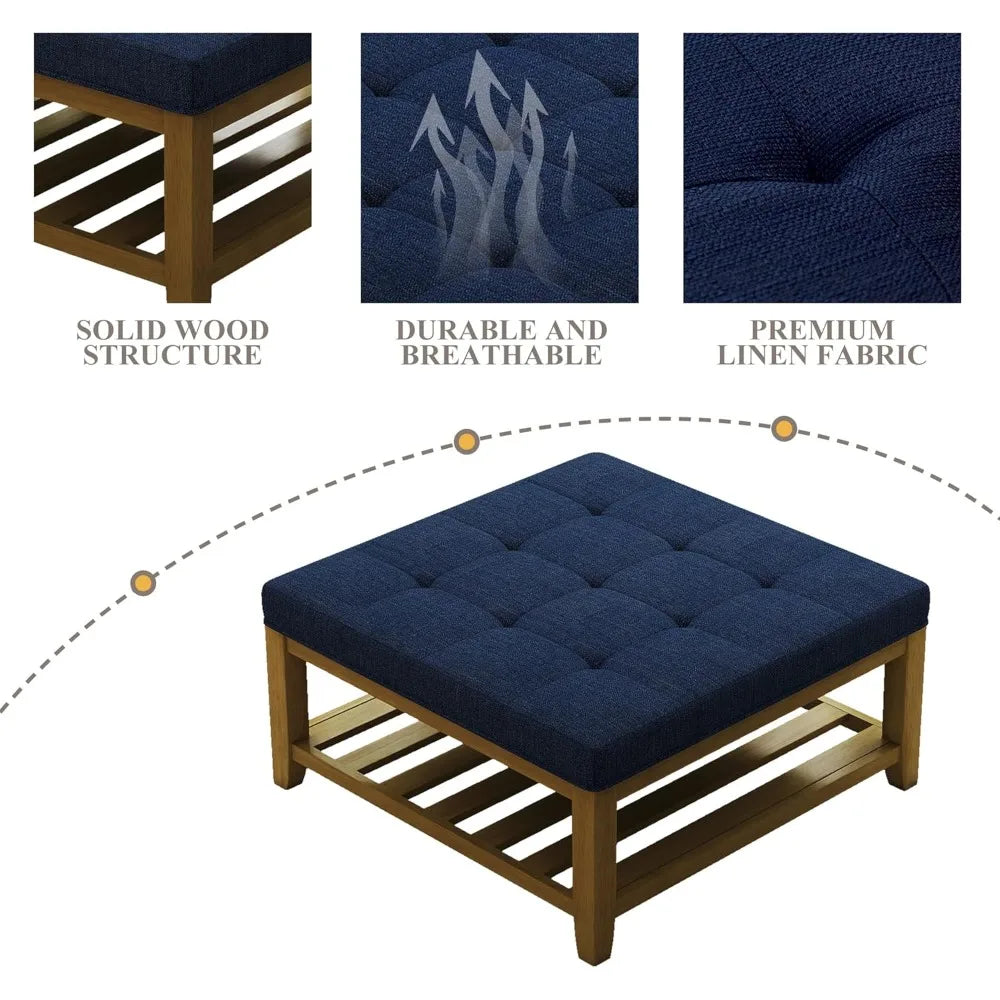 Large Square Ottoman Coffee Table, Linen Solid Upholstered Footrest Ottoman with Solid Wood Shelf Storage Tufted Coffee Table fo