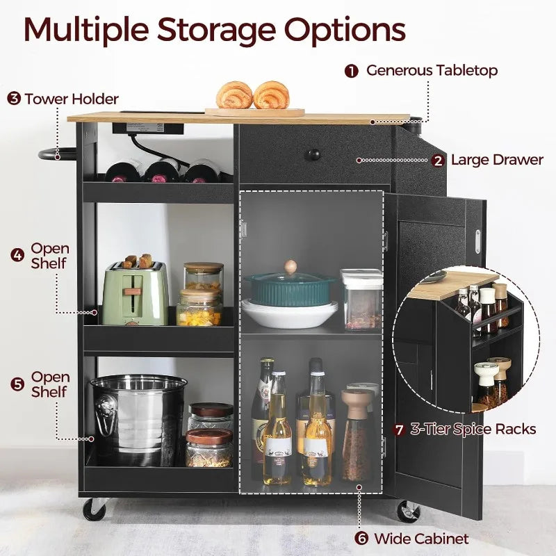 Kitchen Island with Power Outlet, Kitchen Island Cart with Drawer, Island Table for Kitchen, Spice Rack, Towel Rack, Wine Rack,