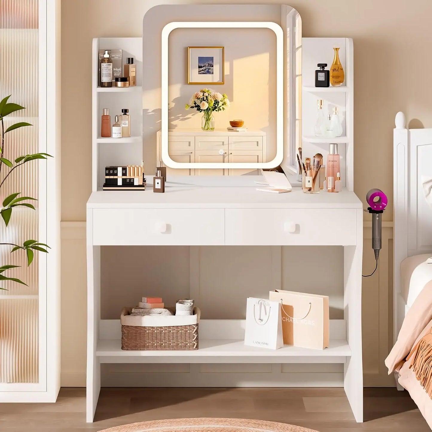 Dressing Table with Smart LED Mirror - Small Vanity Desk, 2 Drawers, 5 Shelves & Power Outlet