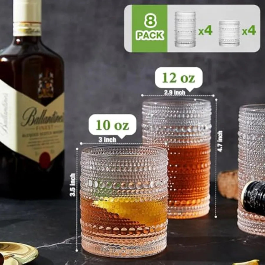 Vintage Hobnail Drinking Glasses Set of 8: 12 oz Highball Glasses and 10 oz Cocktail Glasses for Kitchen Bar Beer Juice Cocktai