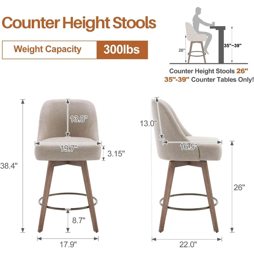 Counter Height Bar Stools Set of 2, Modern Mid-Century Swivel Barstools with Backs and Wood Legs, Linen Fabric Upholstered
