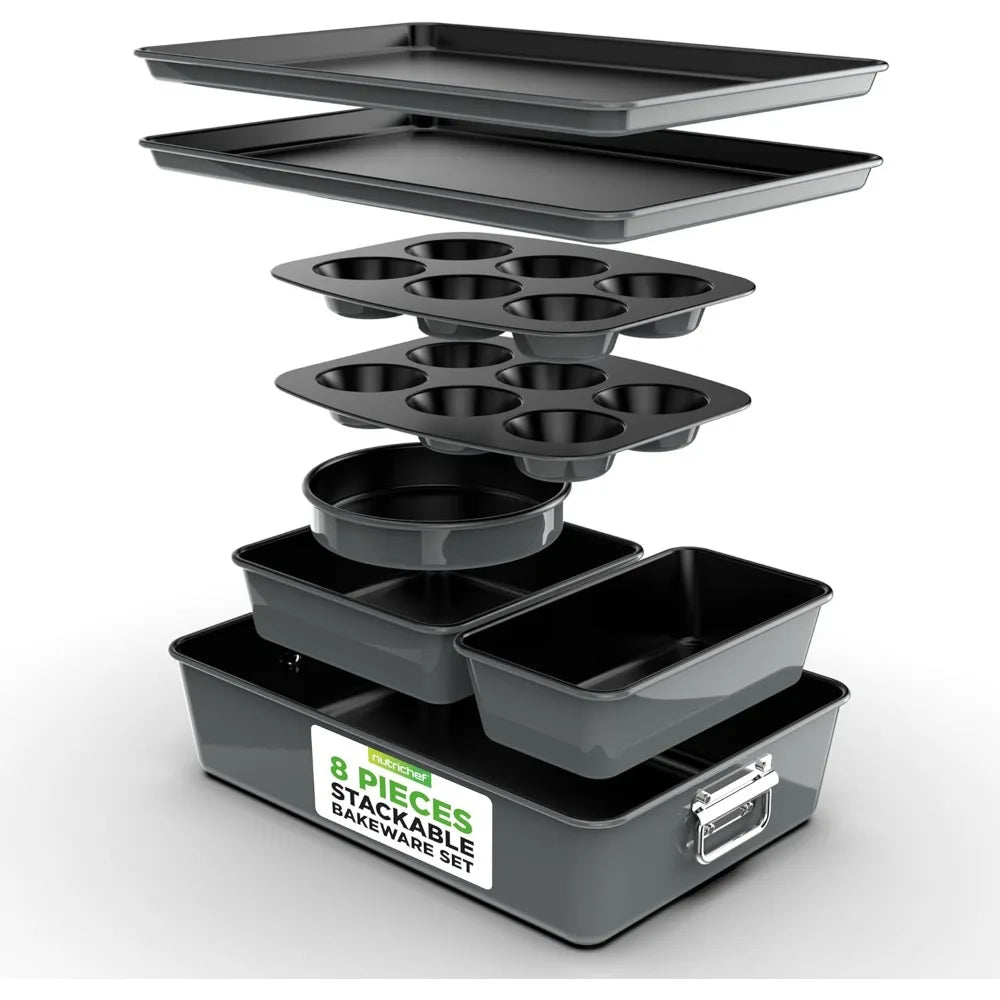 NutriChef 8-Piece Nonstick Stackable Bakeware Set – Non Toxic Carbon Steel Baking Trays W/Cookies Sheet Muffin, Loaf, Cake, Roun