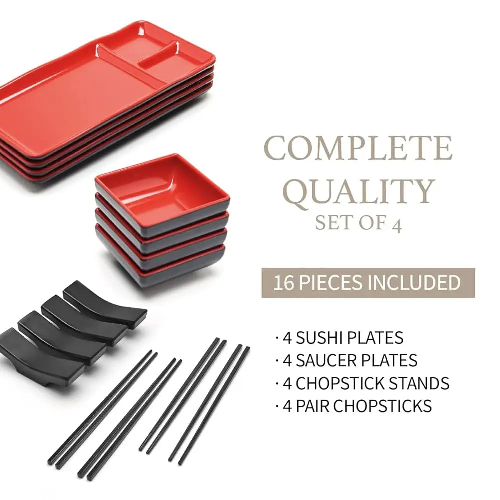Sushi Serving Set, With 4 Japanese Sushi Serving Plate, 4 Soy Sauce Dish, 4 Pairs Of Chopsticks And 4 Chopsticks Stands-