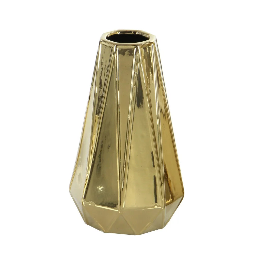 Gold Geometric Ceramic Vase Set of 3 Modern Decorative Home Accent Indoor Use Stoneware Tapered Round Design High Shine Finish
