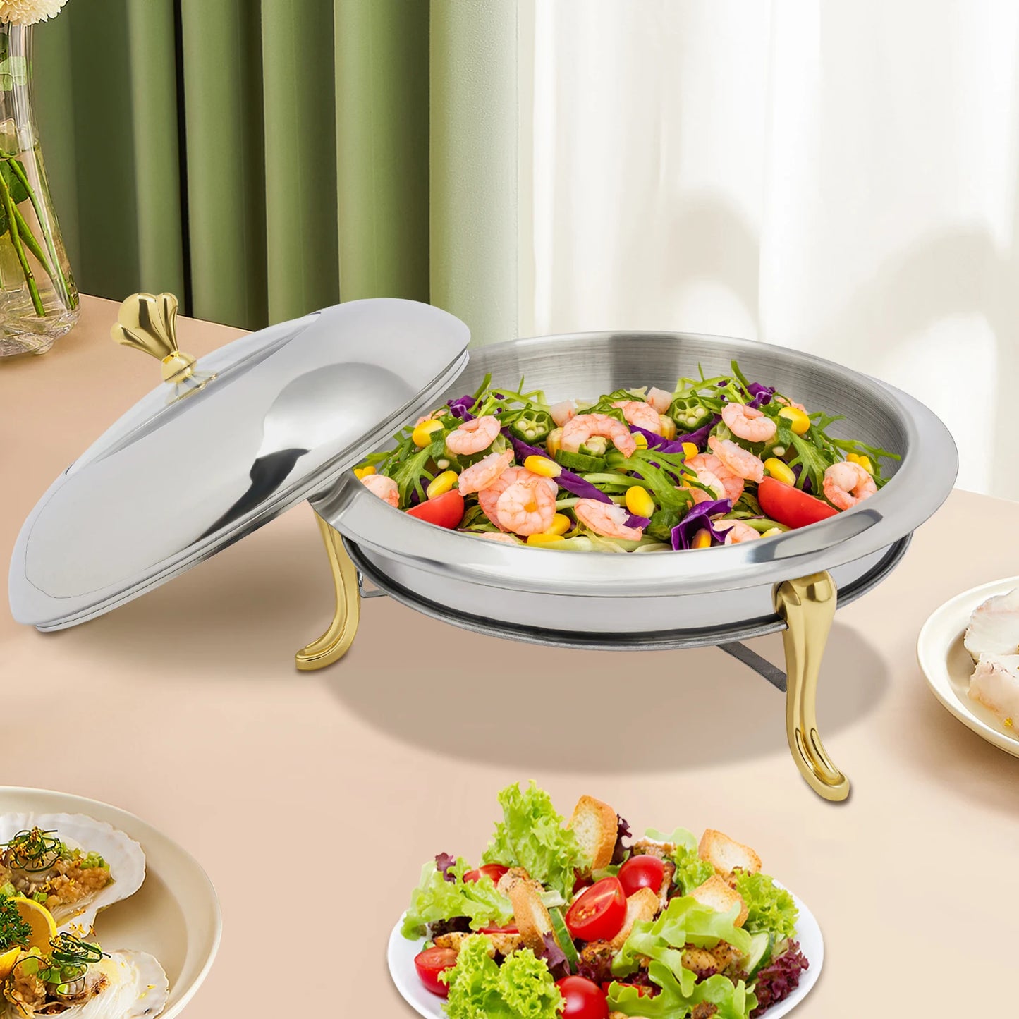 Stainless Steel Hot Pot Buffet Stove Round Without Ear, Dry Warmer Chafing Dish Kitchen Set with Glass Viewing Lid (Golden 24cm)