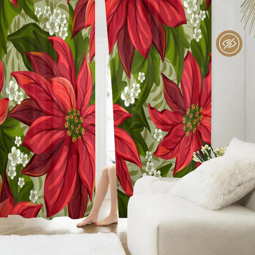 7-Day Delivery Christmas Curtain Red Christmas Wonderful Poinsettia Flower Victorian Pointsetta Rod Pocket Drapes 2 Panels