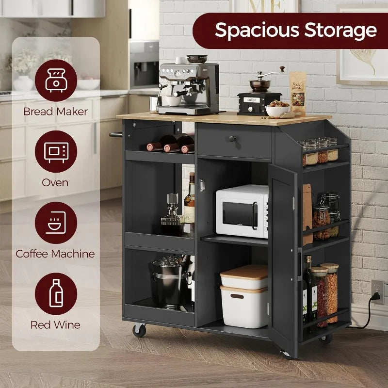 Kitchen Island with Power Outlet, Kitchen Island Cart with Drawer, Island Table for Kitchen, Spice Rack, Towel Rack, Wine Rack,