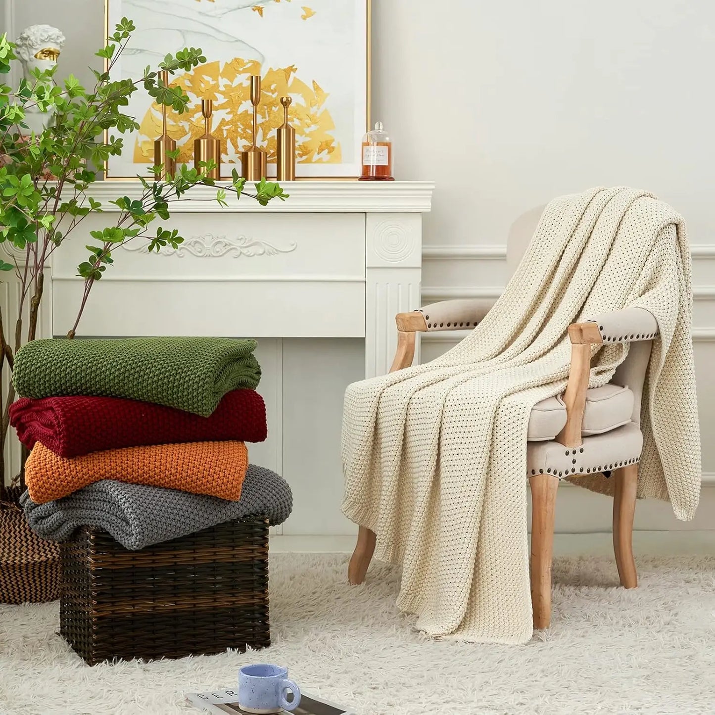 Knitted blanket lightweight olive green organic cotton sofa bed blanket, 51 inches x 63 inches, including laundry bag