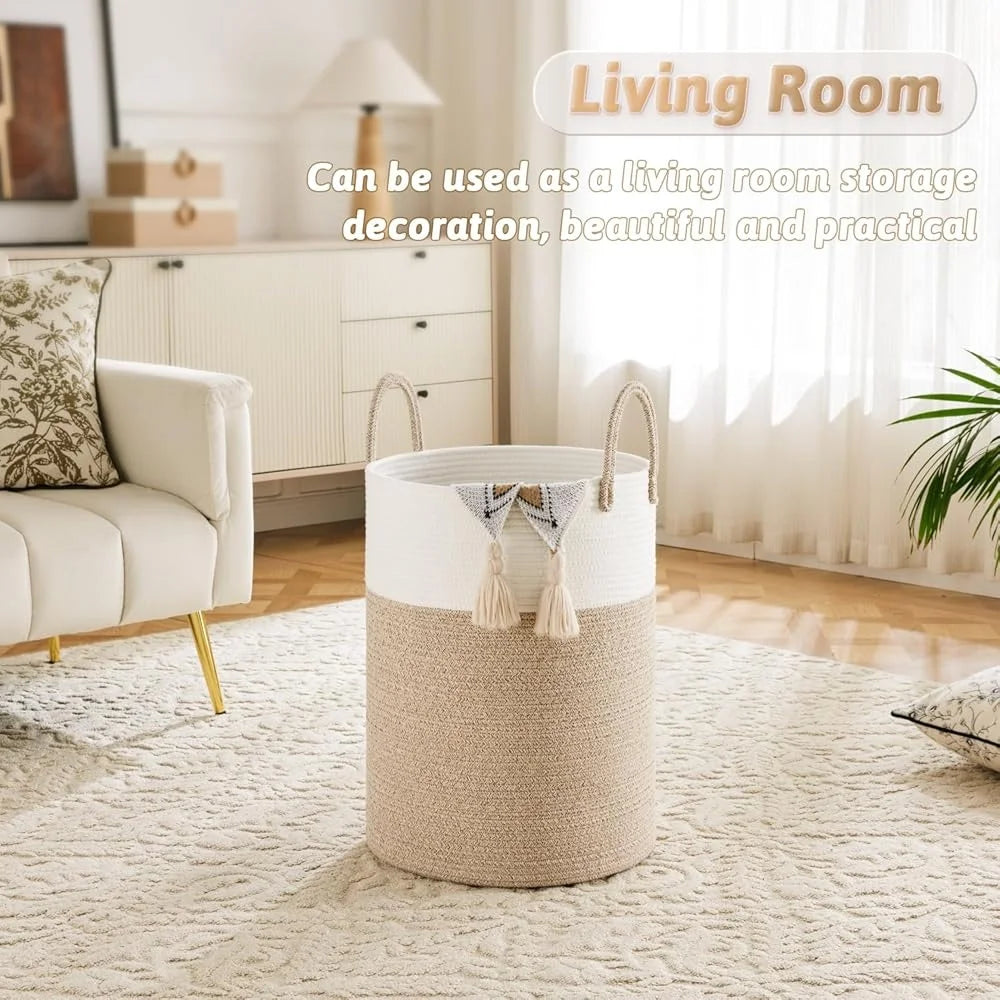 Woven Cotton Rope Laundry Basket Storage Hamper Dirty Clothes Toys Blankets Ideal Bathroom Baby Room Easy to Clean Collapsible