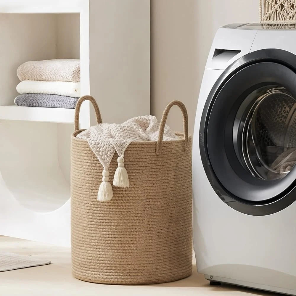 Jute Rope Laundry Hamper Basket Large Storage Clothes Blankets Toys Foldable Round Basket Tall Design with Sturdy Handles