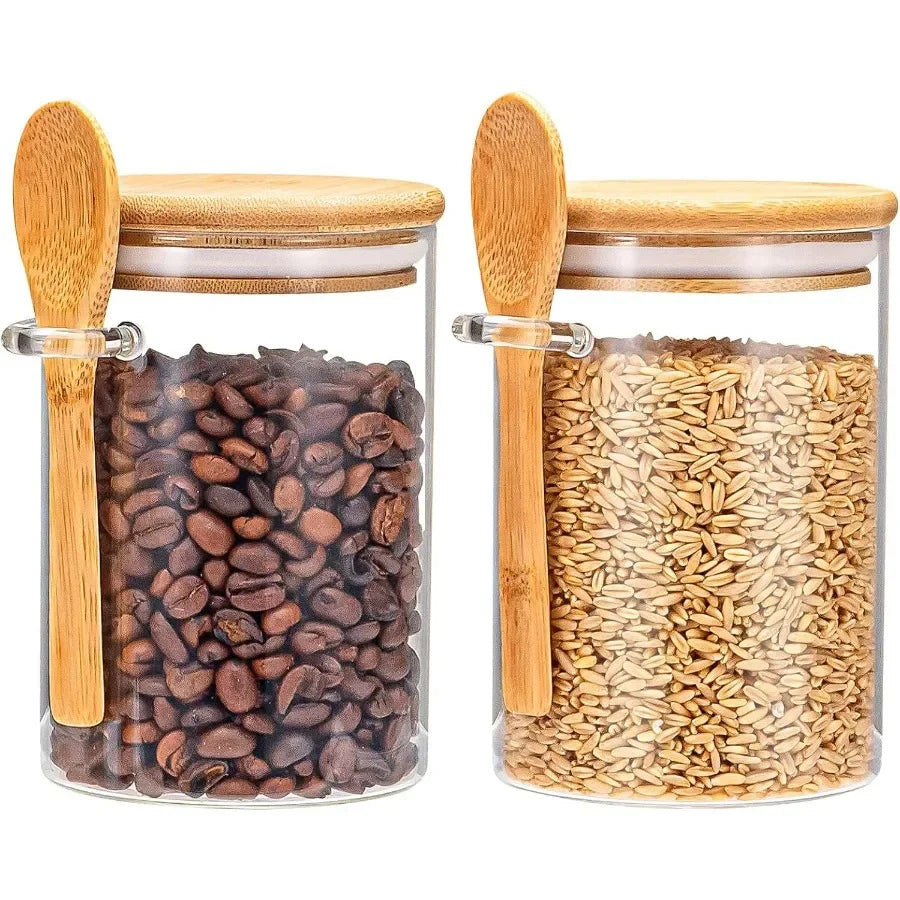 Airtight Food Storage Containers Glass Canister With Wooden Spoon and Lids 20 Oz Jars for Serving Bath Salt Sugar Spice Coffee