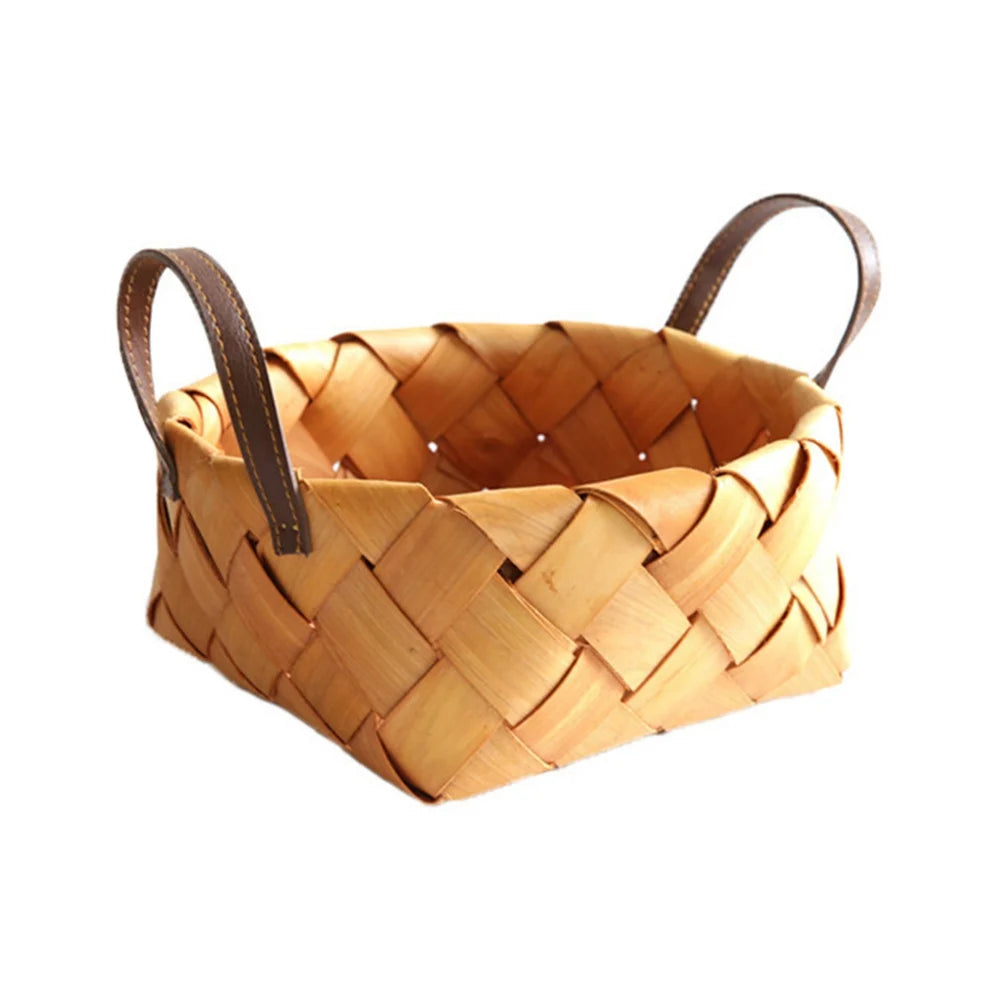 Woven Storage Basket with Handle Bread Basket Portable Picnic Food Fruit Storage Box Kitchen Organizer Decor Photography Props