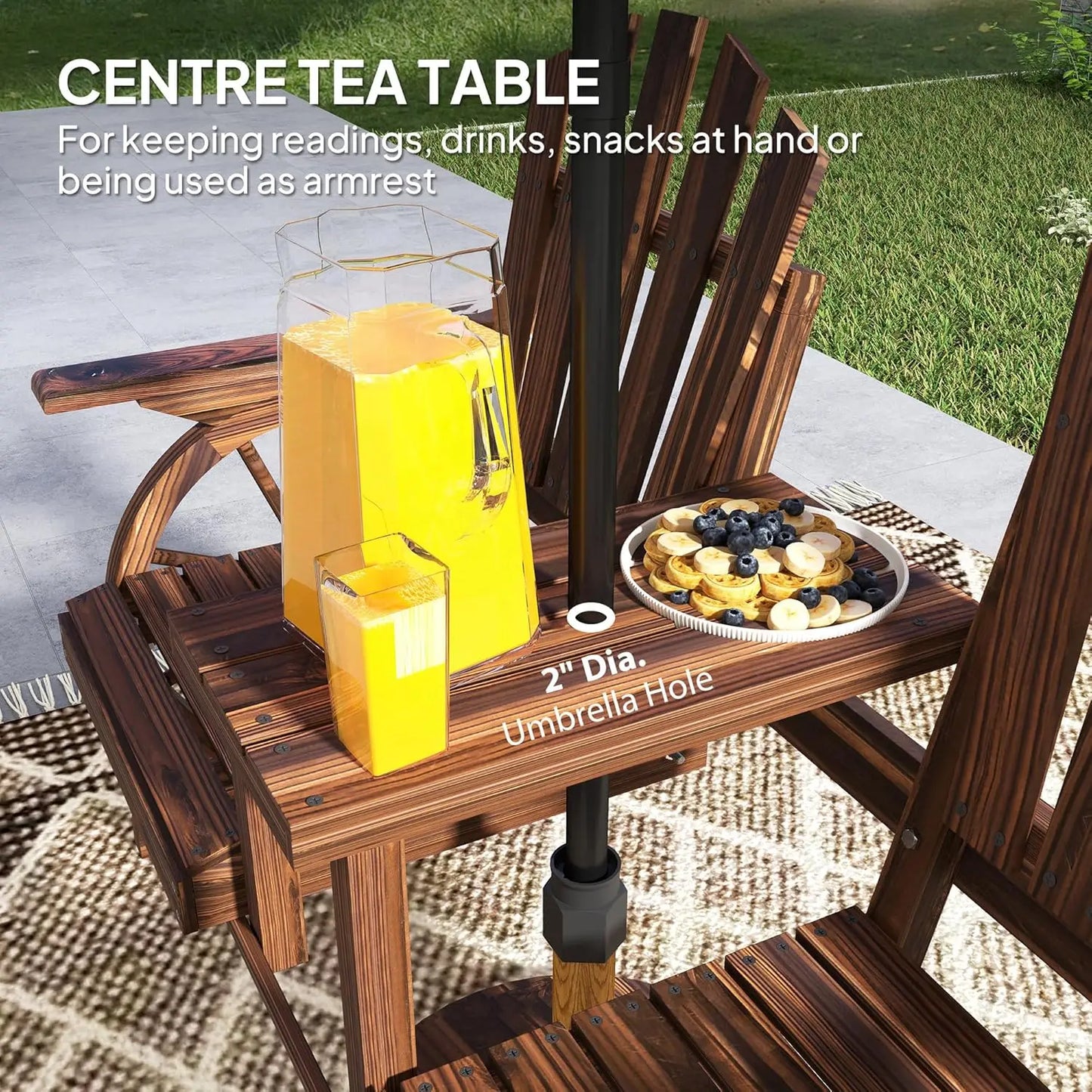 Wooden Garden Bench with Table, Umbrella Hole, 2-Seat Wagon Wheel Outdoor Bench with Slatted Seat, High Backrest, Armrests
