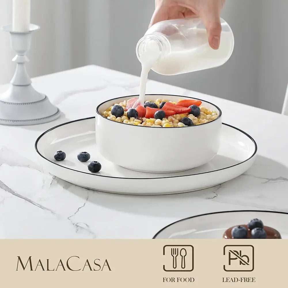Plates And Bowls Sets, 12 Pieces Modern Porcelain Dinnerware Set For 4 White Kitchen Dinner Dining Ware Set Wtih Bla Rim