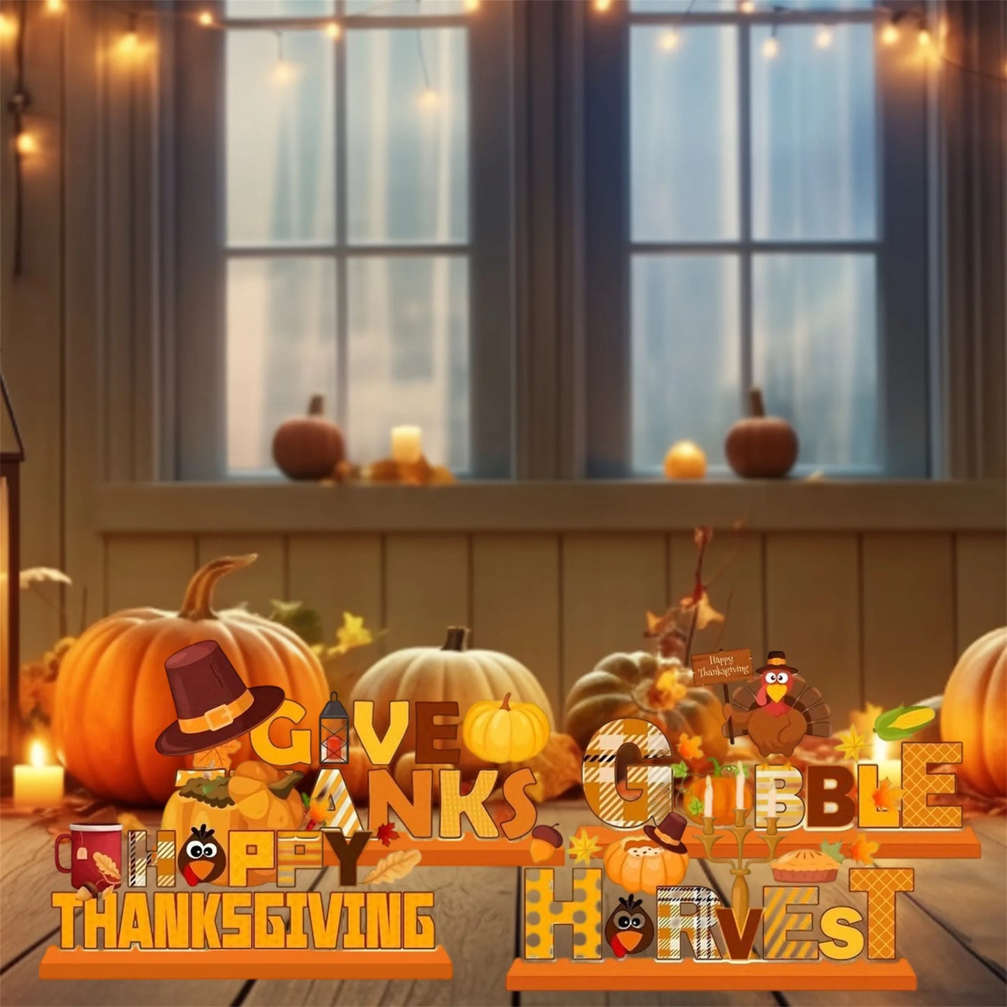 Harvest Pumpkin Centerpiece Fall Table Decor Autumn Thanksgiving Decoration Wooden Desk Ornament Turkey Letters