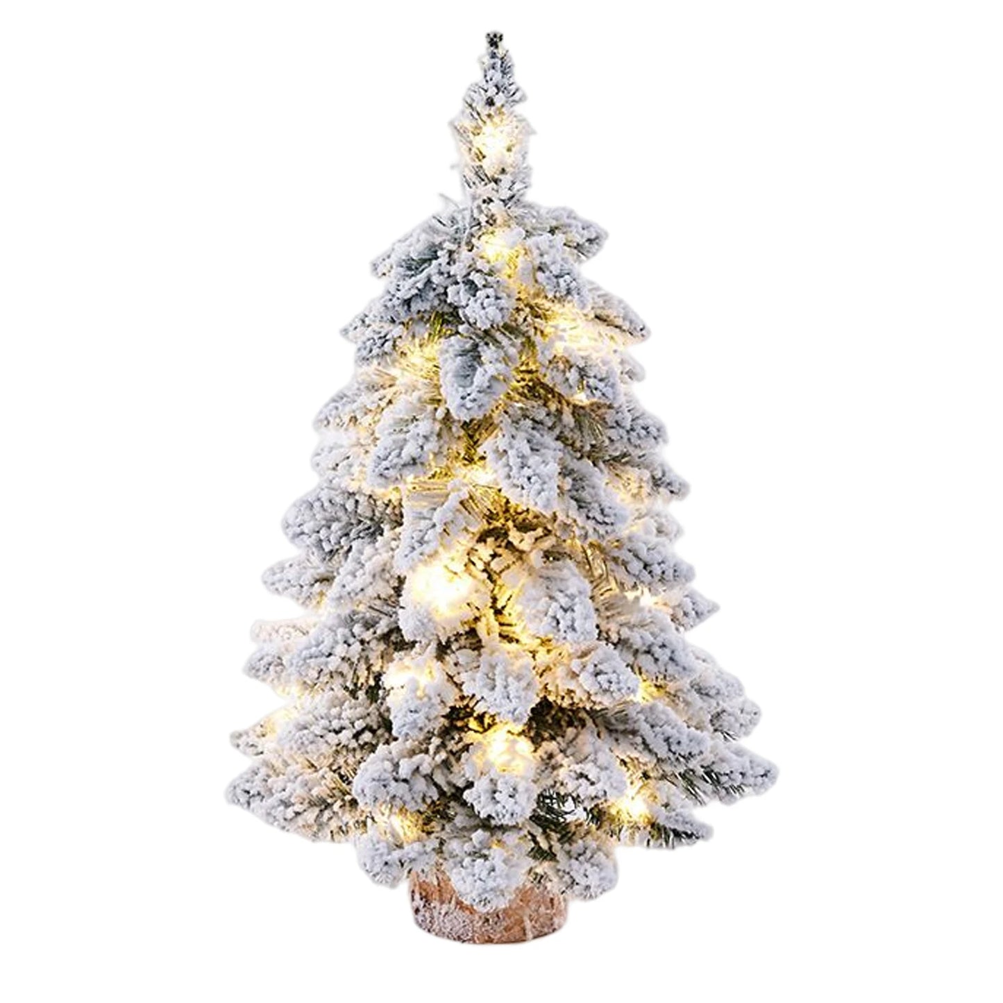 Christmas Flocked Mini Tree With Lights Snowflake Decorations Sturdy Wooden Base For Home Office Desk Winter Holiday Decor